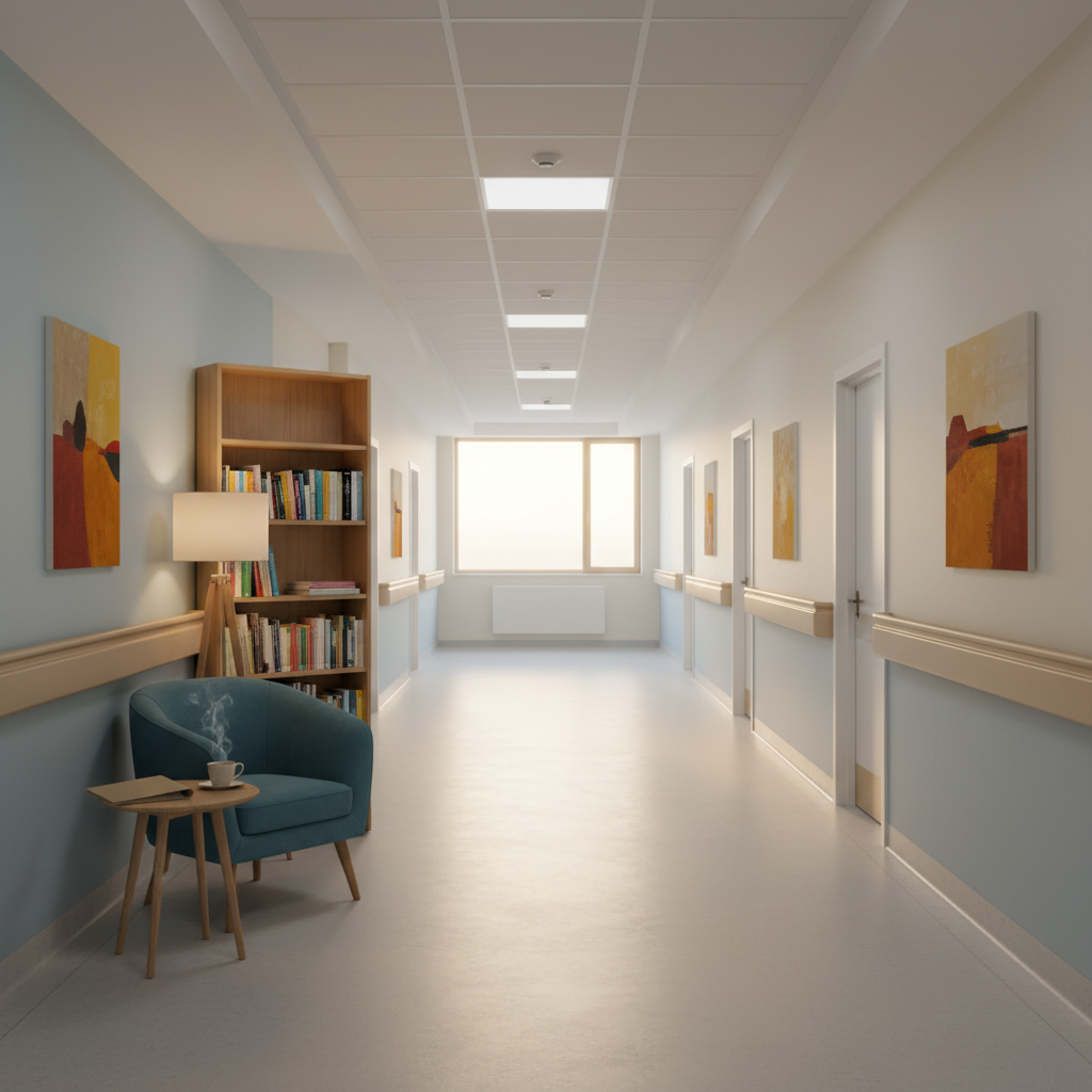 Un corridoio di reparto ampio e pulito, privo di persone, con pareti in tonalità tenui e quadri astratti dai colori caldi che spezzano la monotonia ospedaliera. Lungo una parete, un piccolo angolo accogliente: scaffale in legno con libri sulla salute, una lampada da terra a luce calda, una poltrona comoda color blu petrolio e un tavolino con tazza di tisana e una cartellina clinica chiusa. La luce del tardo pomeriggio filtra da una finestra in fondo al corridoio, creando una scia dorata e ombre lunghe. Scatto fotografico in prospettiva centrale, profondità di campo moderata, atmosfera di quiete riflessiva che richiama un’assistenza infermieristica attenta alla persona e ai suoi tempi.